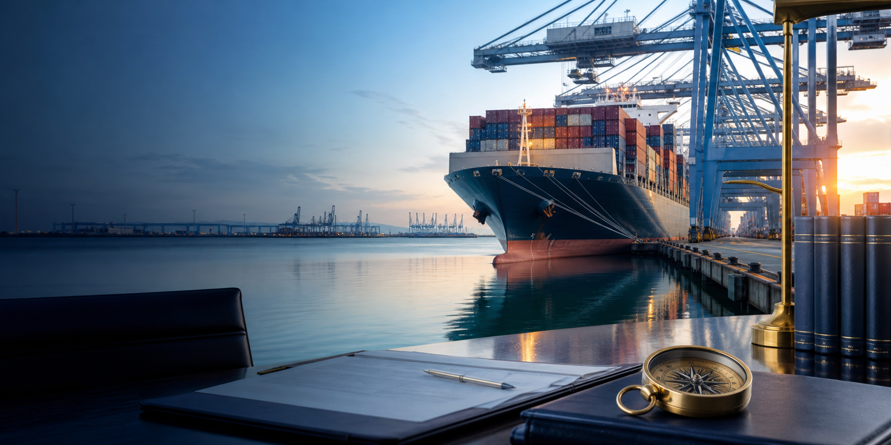 Kapal kontainer di pelabuhan dengan suasana kantor hukum maritim